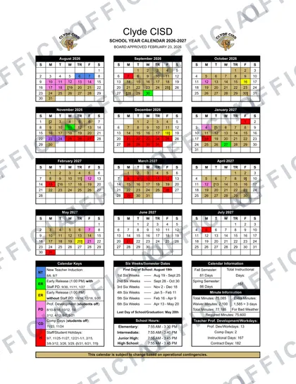 Clyde CISD 2026-27 calendar