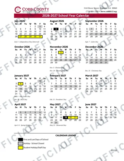 Cobb County School District 2026-27 calendar
