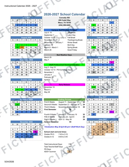 Connally ISD 2026-27 calendar