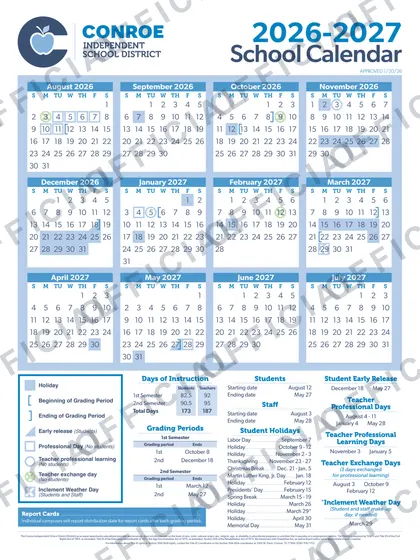 Conroe ISD Independent School District 2026-27 calendar