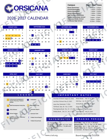 Corsicana Independent School District 2026-27 calendar