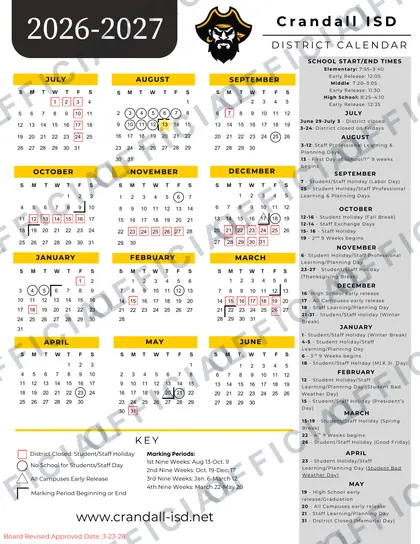Crandall ISD Independent School District 2026-27 calendar