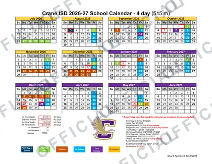 Crane ISD 2026-27 calendar