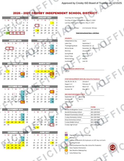 Crosby Independent School District ISD 2026-27 calendar