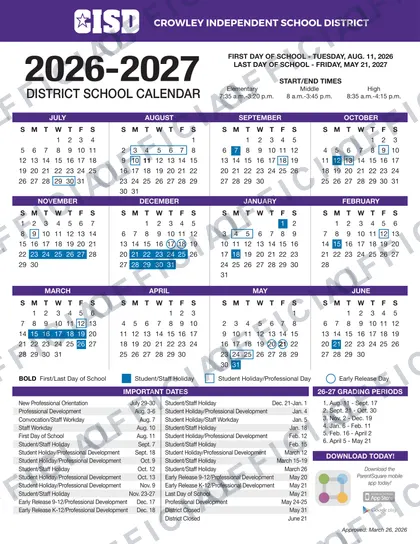 Crowley ISD 2026-27 calendar