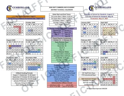 Cumberland Academy District School 2026-27 calendar