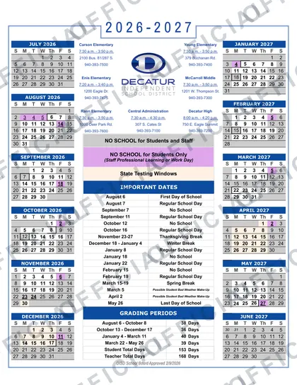 Decatur ISD 2026-27 calendar