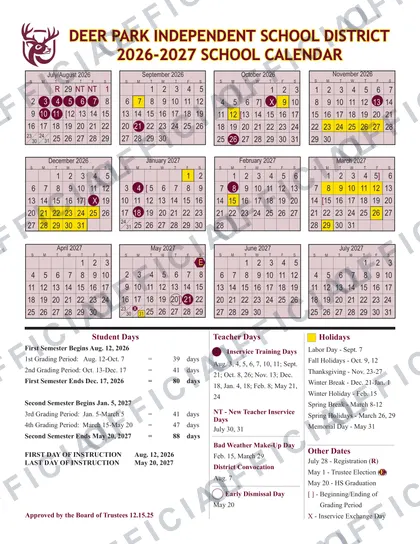 Deer Park Independent School District 2026-27 calendar