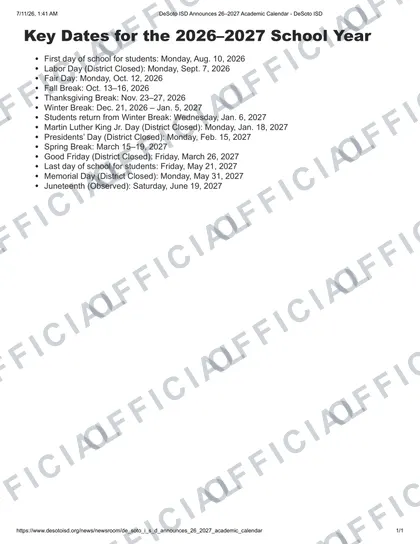 DeSoto ISD 2026-27 calendar