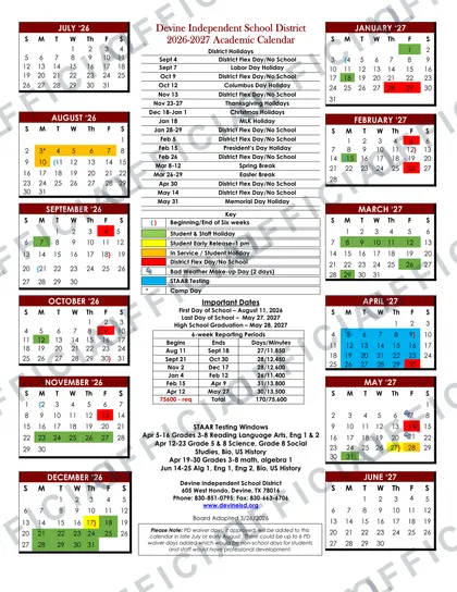 Devine ISD 2026-27 calendar