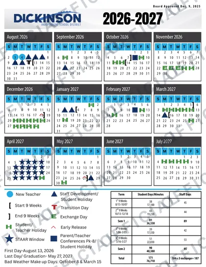 Dickinson Independent School District ISD 2026-27 calendar