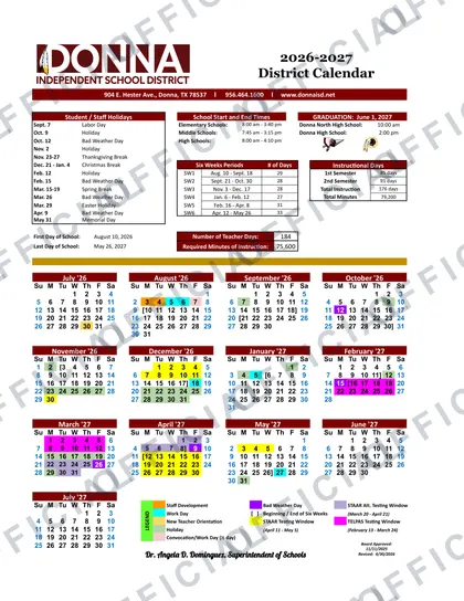 Donna ISD 2026-27 calendar