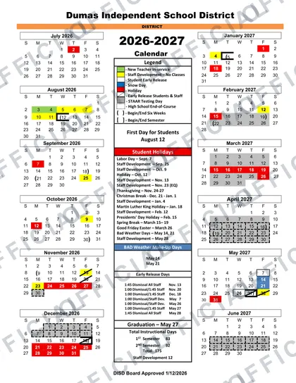Dumas Independent School District ISD 2026-27 calendar