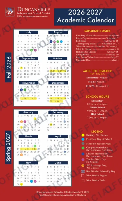 Duncanville Independent School District ISD 2026-27 calendar