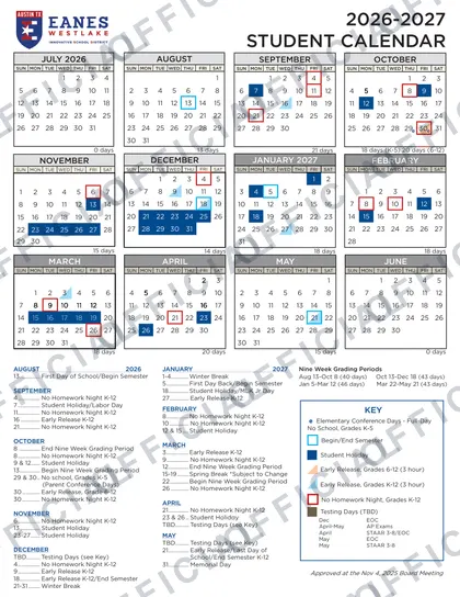 Eanes ISD 2026-27 calendar