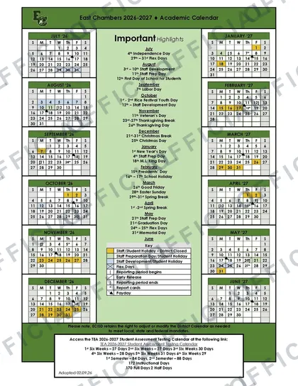 East Chambers ISD 2026-27 calendar