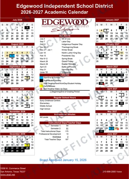 Edgewood ISD 2026-27 calendar