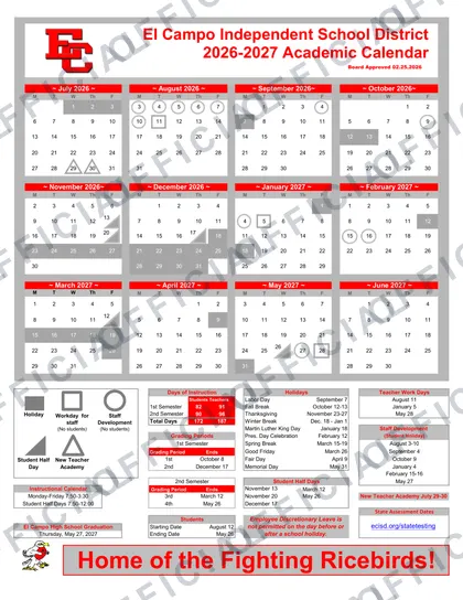 El Campo ISD 2026-27 calendar