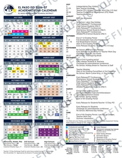 El Paso ISD Independent School District 2026-27 calendar