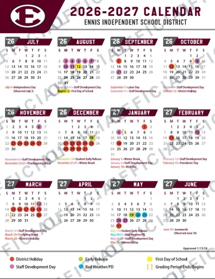 Ennis ISD 2026-27 calendar