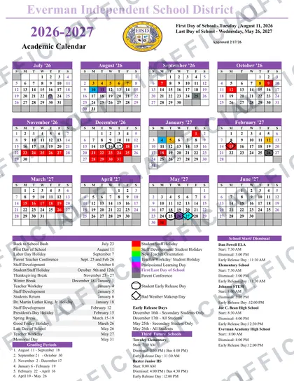 Everman Independent School District ISD 2026-27 calendar