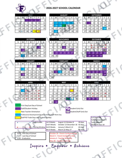 Florence Independent School District ISD 2026-27 calendar