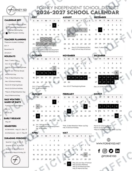 Forney Independent School District isd 2026-27 calendar