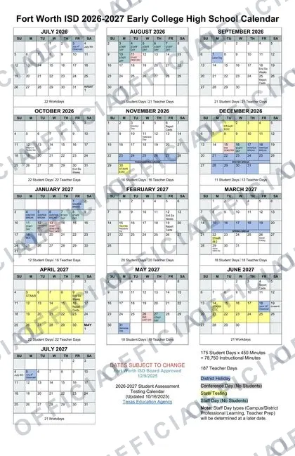 Fort Worth ISD Early College High School 2026-27 calendar