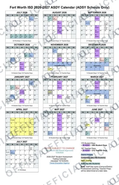 Fort Worth ISD Schools ADSY 2026-27 calendar