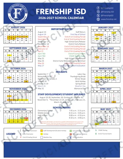Frenship ISD 2026-27 calendar
