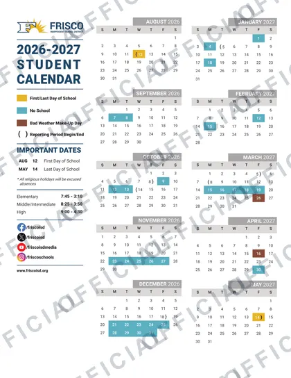 Frisco ISD Independent School District 2026-27 calendar