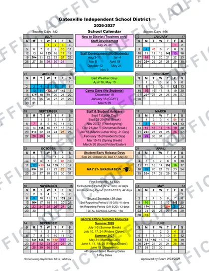 Gatesville ISD Independent School District 2026-27 calendar