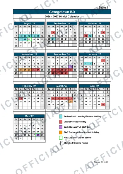 Georgetown ISD 2026-27 calendar