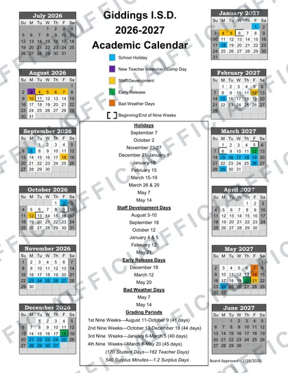 Giddings ISD 2026-27 calendar
