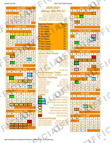 Gilmer ISD PK-12 2026-27 calendar
