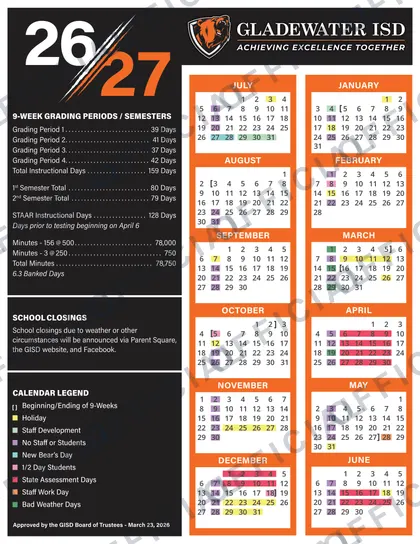 Gladewater ISD 2026-27 calendar