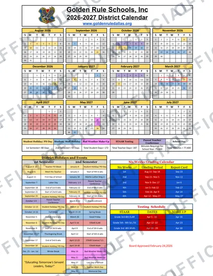 Golden Rule Schools, Inc 2026-27 calendar