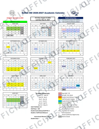 Goliad ISD 2026-27 calendar