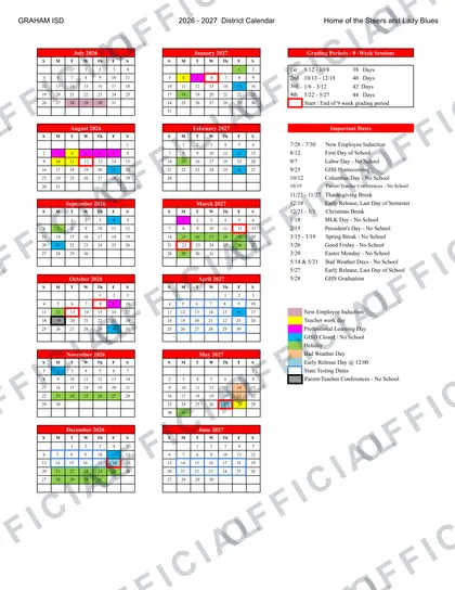 Graham ISD 2026-27 calendar