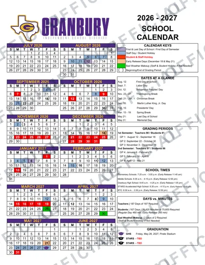 Granbury ISD 2026-27 calendar
