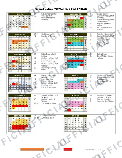 Grand Saline ISD 2026-27 calendar