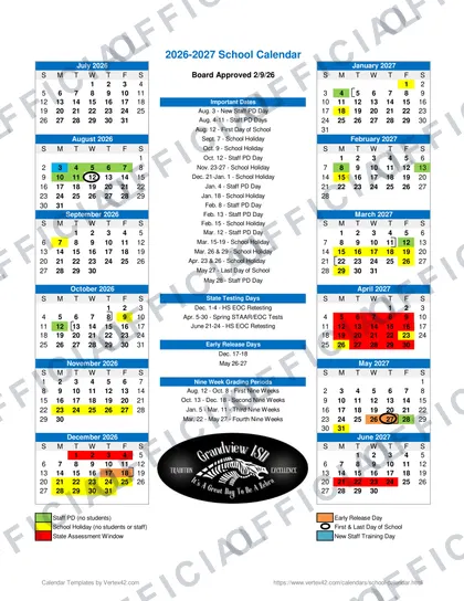 Grandview ISD 2026-27 calendar