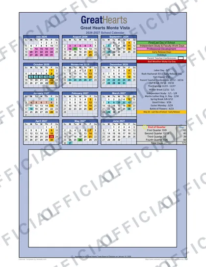 Great Hearts Monte Vista 2026-27 calendar