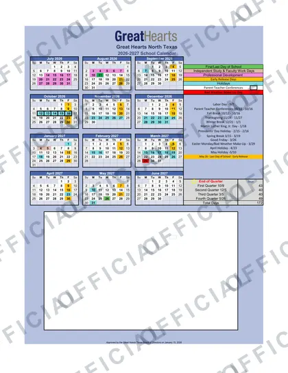 Great Hearts North Texas 2026-27 calendar