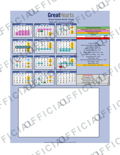 Great Hearts North Texas 2026-27 calendar