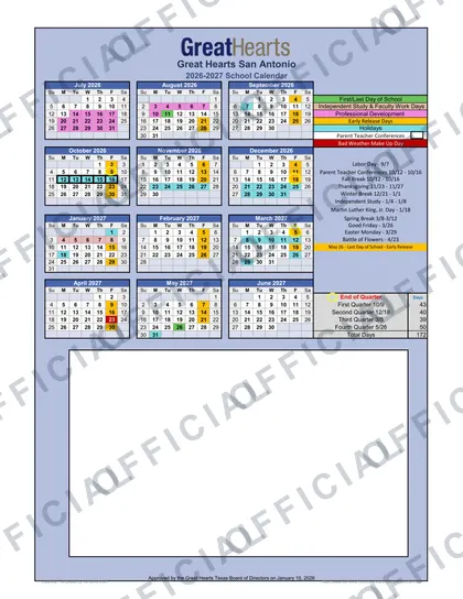 Great Hearts San Antonio 2026-27 calendar
