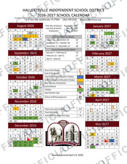 HALLETTSVILLE INDEPENDENT SCHOOL DISTRICT 2026-27 calendar