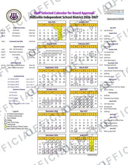 Hallsville ISD Independent School District 2026-27 calendar