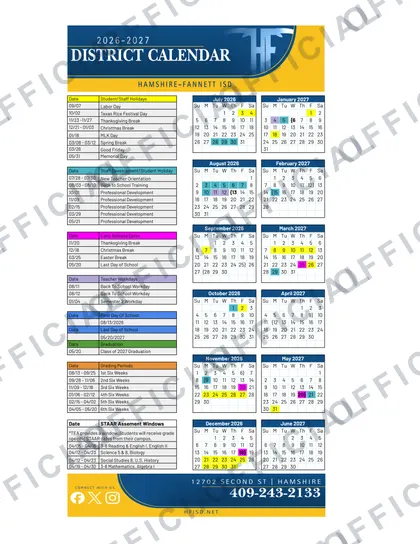 Hamshire-Fannett ISD 2026-27 calendar