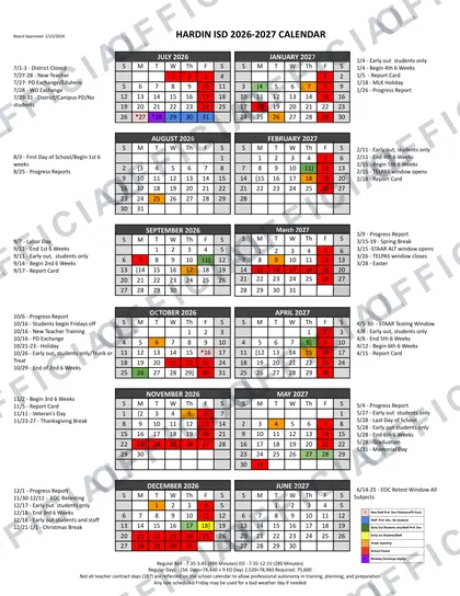 Hardin ISD 2026-27 calendar